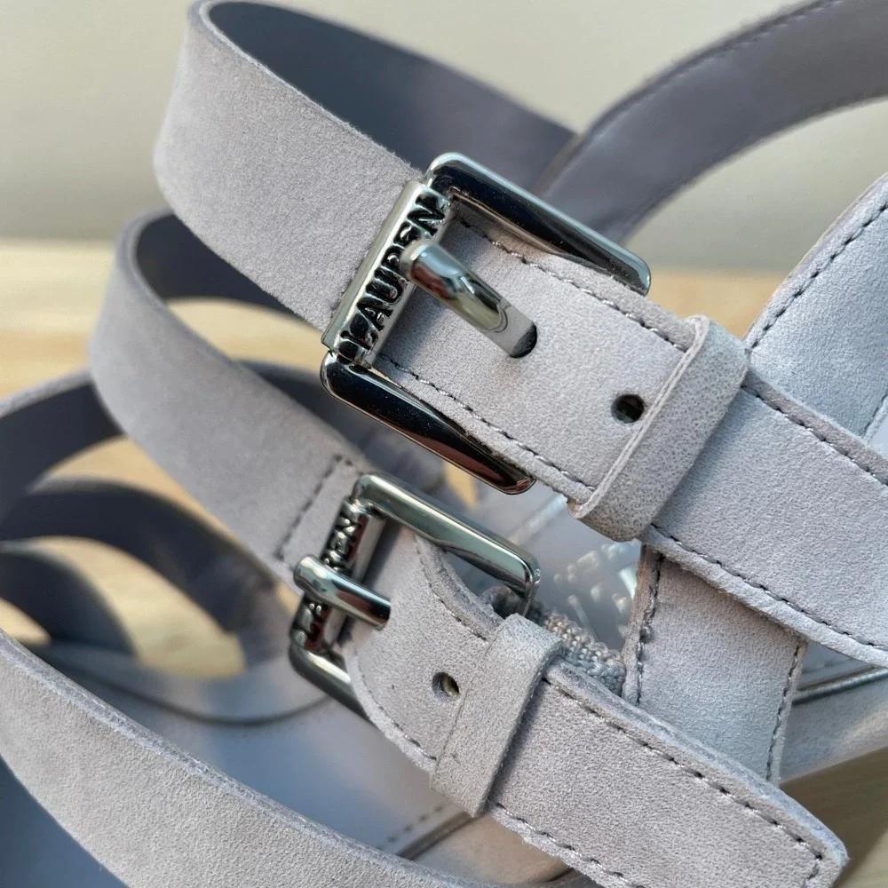Lauren Ralph‎ Lauren Aleigh Strappy Suede Wedge Sandals Grey Lavender 6.5B